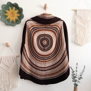 A. Giannetti Brown Combo Wool Blend Boho Open Front Cardigan Sweater Size XL